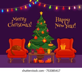 Christmas room interior in colorful cartoon flat style. Fir tree, gifts, decoration, arm chair, fireplace, table with teapot cup. Cozy noel xmas night celebration vector illustration.