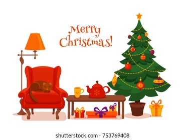 Christmas room interior in colorful cartoon flat style. Fir tree, gifts, decoration, arm chair, light floor lamp, table with teapot cup. Cozy noel xmas night celebration vector illustration.