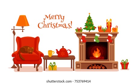 Christmas room interior in colorful cartoon flat style. Fir tree, gifts, decoration, arm chair, fireplace, table with teapot cup. Cozy noel xmas night celebration vector illustration.