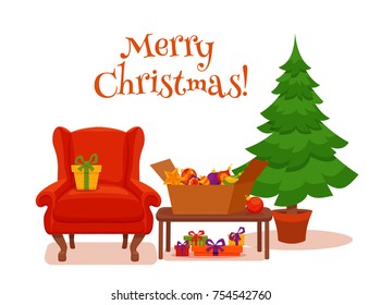 Christmas room interior in colorful cartoon flat style. Fir tree, gifts, arm chair, light bulb chain, table, box with decorations. Cozy noel xmas night celebration vector illustration.