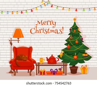 Christmas room interior in colorful cartoon flat style. Fir tree, gifts, decoration, arm chair, light floor lamp, table with teapot cup. Cozy noel xmas night celebration vector illustration.