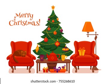 Christmas room interior in colorful cartoon flat style. Fir tree, gifts, decoration, arm chair, light floor lamp, table with teapot cup. Cozy noel xmas night celebration vector illustration.