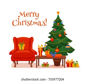 Christmas room interior in colorful cartoon flat style. Fir tree, gifts, decoration, arm chair, fireplace, table gift boxes. Cozy noel xmas night celebration vector illustration.