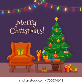 Christmas room interior in colorful cartoon flat style. Fir tree, gifts, arm chair, light bulb chain, table, box with decorations. Cozy noel xmas night celebration vector illustration.