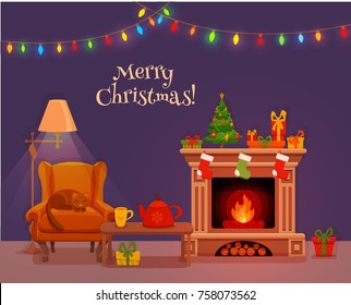 Christmas room interior in colorful cartoon flat style. Fir tree, gifts, decoration, arm chair, fireplace, table with teapot cup. Cozy noel xmas night celebration vector illustration.
