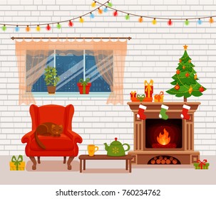 Christmas room interior in colorful cartoon flat style. Fir tree, gifts, decoration, arm chair, fireplace, table with teapot cup. Cozy noel xmas night celebration vector illustration.