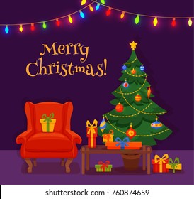 Christmas Tree With Colored Lights In Room Stock Vectors