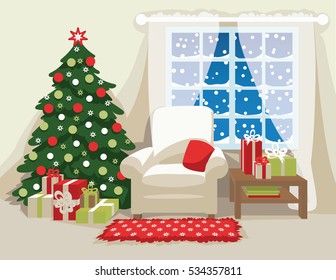 Christmas room interior. Comfortable armchair with pillow, decorated Christmas tree, carpet with stars, colorful gifts and snow outside the window. Vector illustration. Scene for your artwork.