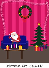 Christmas room interior design with  window. Christmas tree and decoration. Gifts and sofa Flat style vector illustration.