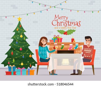 Christmas room interior. Family dinner with christmas tree, table, gifts and decoration. Cozy home holiday. Flat style vector illustration.