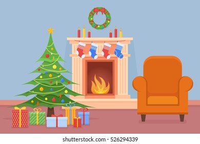 Christmas room interior with fireplace, tree, gifts and armchair. Holiday decorations. Flat style vector illustration.