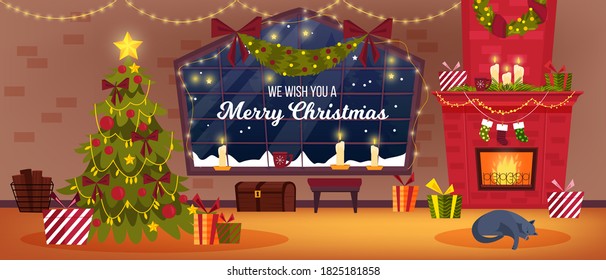 Decoración de Navidad con chimenea, árbol de Navidad, ventana, decoraciones navideñas, regalos. Invierno acogedor casa de fondo interior con regalos, gato dormido, chimenea. Salón de Navidad con pared de ladrillo