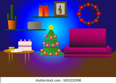Christmas room interior in flat style. Fir tree, gifts, decoration, table with hamburger, tea cup and cake. Eve of Christmas vector illustration.