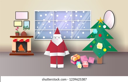 Christmas room interior with Santa claus,fir-tree,presents origami,and fireplace,vector illustration paper art 3D style.