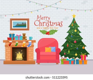 Christmas room interior with sofa. Christmas tree and decoration. Gifts and fireplace. Flat style vector illustration.