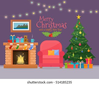 Christmas room interior with sofa. Christmas tree and decoration. Gifts and fireplace. Flat style vector illustration.