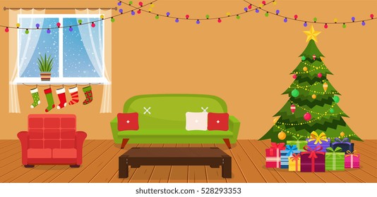 Christmas room interior with sofa, writing desk and green Christ