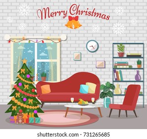 Christmas room interior. Christmas tree in the cozy living room.