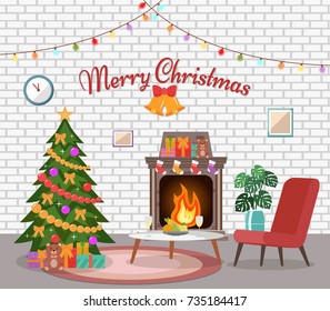 Christmas room interior. Christmas tree in the cozy living room.