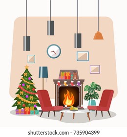 Christmas room interior. Christmas tree in the cozy living room.