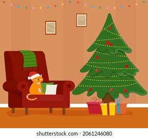 Christmas room interior. Christmas tree, gift and decoration