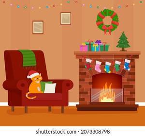 Christmas room interior. Christmas tree, gift, fireplace and decoration