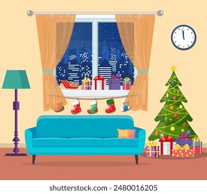 Christmas room interior. Christmas tree, gift and decoration. Happy new year decoration. Merry christmas holiday. New year and xmas celebration. Vector illustration flat style .