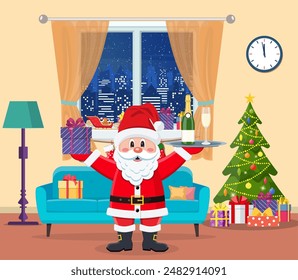 Christmas room interior. Christmas tree, gift and decoration. Santa Claus hold a tray with bottle champagne. Merry christmas holiday. New year and xmas celebration. Vector illustration flat style .