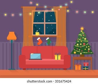 Christmas room interior. Christmas tree, gift and decoration. Flat style vector illustration.