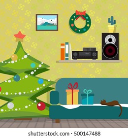 Christmas room interior. Christmas tree, gift and decoration. The music receiver and speaker on a shelf. Flat cartoon vector illustration