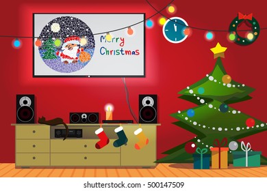 Christmas room interior. Christmas tree, gift, socks and decoration. TV, loudspeakers, receiver for home movie theater and music in the apartment. Flat cartoon vector illustration