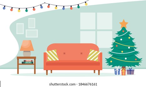 Christmas room interior. Christmas tree, gifts, light bulb chain, sofa, lamp. Cozy festive interior in cartoon style. Vector illustration in flat style .