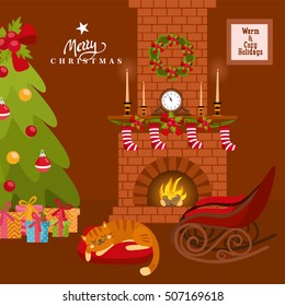 Christmas room interior. Christmas tree, sleepy cat, gift and decoration. Illustration for Xmas holidays.