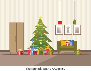 Christmas room interior. Christmas tree, sofa, gifts and decorations. A cozy home holiday. Vector illustration in a flat style.