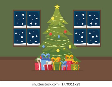 Interior de la sala de Navidad. Árbol de Navidad, sofá, regalos y decoraciones. Un ambiente acogedor. Ilustración vectorial en un estilo plano.