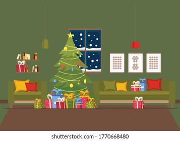 Christmas room interior. Christmas tree, sofa, gifts and decorations. A cozy home holiday. Vector illustration in a flat style.