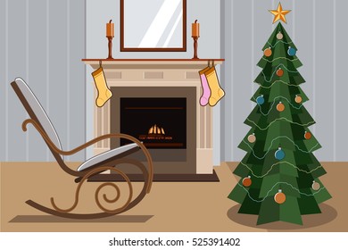 Christmas room interior, christmas tree.  Vector flat illustration.