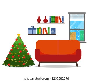 Christmas room interior. Christmas tree wih sofa. Flat style vector illustration.