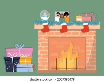 Christmas room interior wit fireplace and gift boxes. Vector illustration.
