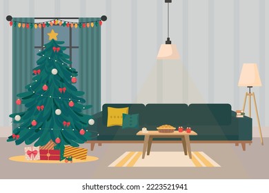 
Sala de Navidad. interiores de Navidad. Habitación de año nuevo con pino, chimenea, sillas acogedoras, gato y perro. Juego de vectores de atmósfera de vacaciones de invierno en casa.