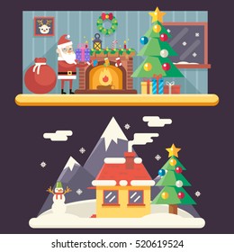 Christmas Room New Year House Landscape Santa Claus Accessories Icons Greeting Card Elements Flat Template Vector Illustration