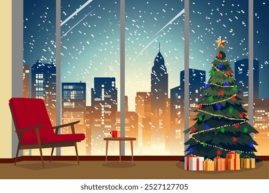 Christmas room or office with a Christmas tree, decorated with Christmas balls and gifts overlooking the business district of the city with skyscrapers and business centers. 