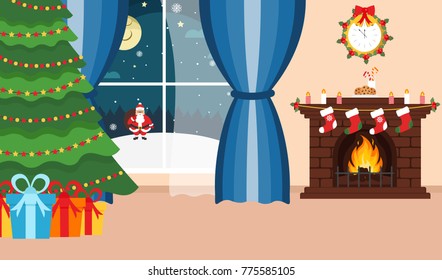 Christmas room. Santa Claus outside the window. Winter holidays. Fireplace, Christmas tree and gifts. Happy New Year and Christmas. Vector illustration.