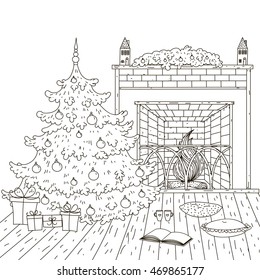 Christmas room, tree, a fireplace, .