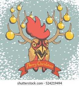 Christmas Rooster vector illustration. Rooster head and snow. Inscription Merry Christmas