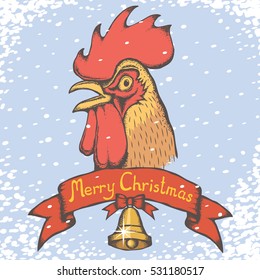 Ilustración vectorial de la Lista de Navidad. Cabeza de gallo y nieve. Inscripción Feliz Navidad