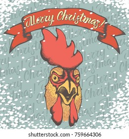 Christmas Rooster vector illustration. Rooster head and snow. Inscription Merry Christmas