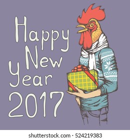 Christmas Rooster vector illustration. Rooster in human sweatshirt with gift