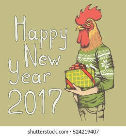 Christmas Rooster vector illustration. Rooster in human sweatshirt with gift