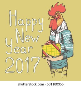 Christmas Rooster vector illustration. Rooster in human sweatshirt with gift